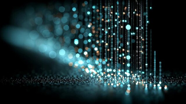 Abstract visualization of digital data streams set in a cyber landscape, featuring glowing bokeh lights and binary code strings. ideal for technology, data analysis, cybersecurity, and digital innovat