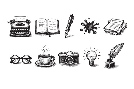 A monochromatic hand-drawn vector illustration showcasing various vintage-style elements representing creativity, writing, ideas, and artistic pursuits, isolated on a clean white background.