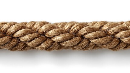 A close-up view of a sturdy brown rope against a white background.