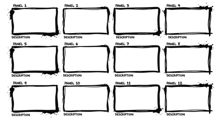 Storyboard template with twelve grunge hand drawn ink frames for film pre-production or animation. A black and white vector illustration for video planning, comics and sequential art.