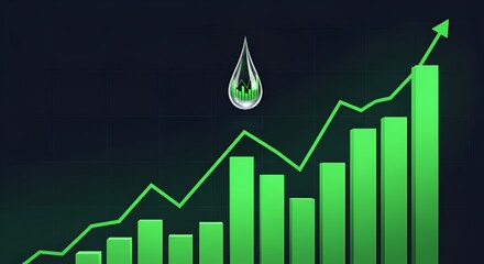 Abstract illustration depicts rising oil and liquid commodity prices showcasing upward trending financial market growth with a reflective droplet icon signifying value.