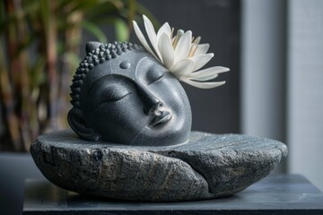 Obraz premium Stone buddha head resting peacefully with a delicate white lotus flower, evoking serenity and spiritual awakening
