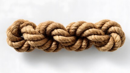 A tightly braided rope lies on a plain white surface.