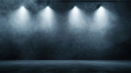 Spotlights illuminate dark room backdrop