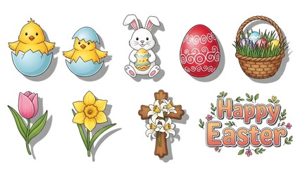 Fototapeta premium Easter symbols and icons eggs bunnies flowers and crosses for happy easter