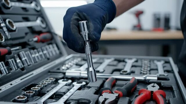 Mechanic with blue glove picking up socket extension from a toolbox set in a workshop setting