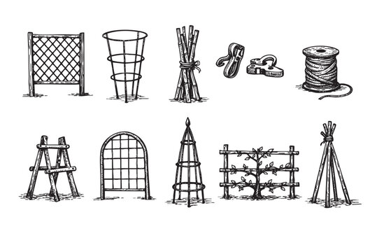 A comprehensive hand-drawn collection of essential gardening tools and plant supports, including trellises, stakes, and clips, rendered in a classic black and white sketch style for rustic or vintage 
