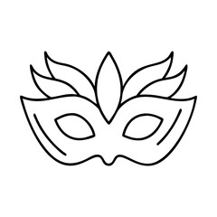 Obraz premium A black and white line drawing of a masquerade mask with leaf like decorations on top and a smiling curved shape