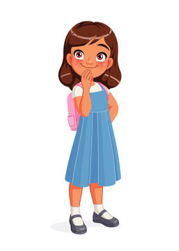 Curious Indian school girl in uniform thinking. Cartoon vector illustration.