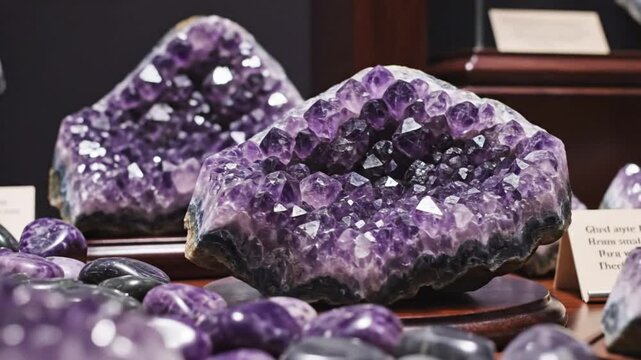 Mesmerizing close up view of several beautiful purple amethyst crystal geodes and polished stones sparkling