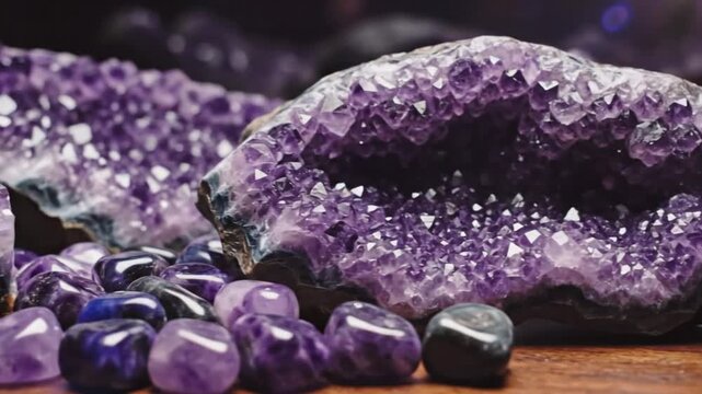 Close-up view of a beautiful amethyst geode and polished tumbled gemstones on a wooden surface