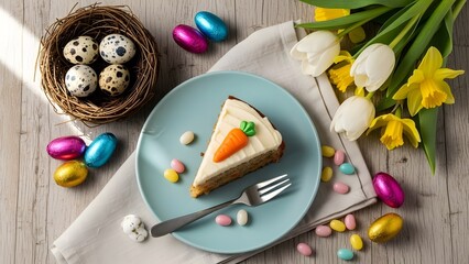 Easter celebration with carrot cake and decorative eggs