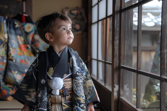 Young boy wearing traditional japanese kimono standing next to a window and looking outside
