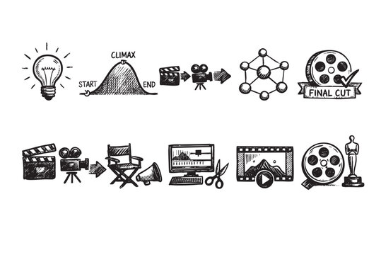 Hand-drawn black and white doodle vector icons depicting the complete filmmaking production process, from concept to final cut and awards, ideal for creative and educational projects.