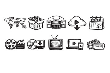Black and white drawing depicts movie industry elements including film reel, theater, tickets, and digital download, isolated on a clean white backdrop.