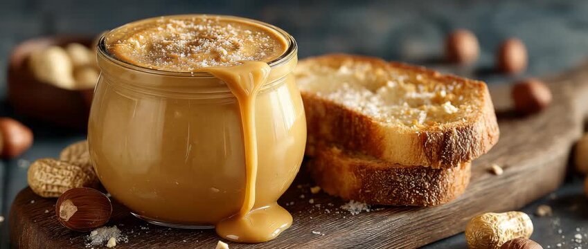 Creamy peanut butter with toast. natural ingredients, homemade food, breakfast or snack concept.