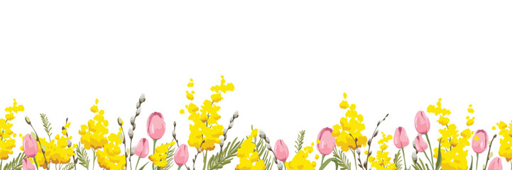 Border for Mothers Day or International women's day. Pink tulips and blooming mimosa. Vector illustration, seamless pattern, banner. Freehand author's drawing.