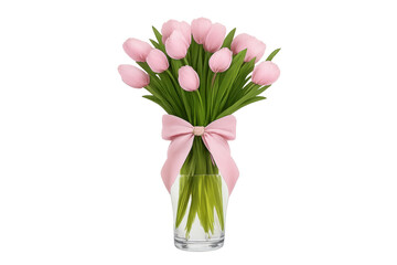 Fototapeta premium Pink tulip bouquet in glass vase with ribbon