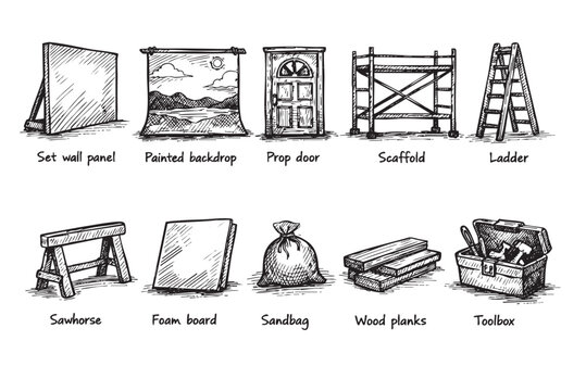 A black and white hand-drawn illustration showcases various essential stage set construction items and theatrical props like a scaffold, prop door, and wood planks, suitable for design resources.