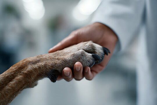 Dog paw supported by veterinarian hand. White medical coat visible in frame. Pet euthanasia decision and end of life veterinary care concept
