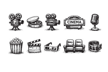 Hand-drawn collection of cinema elements: vintage film cameras, popcorn, clapperboard, glasses, theater seats. Black and white sketch style on white, ideal for film and entertainment projects.