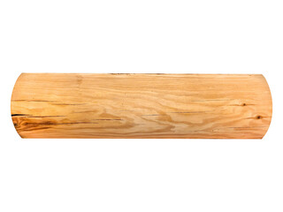 Half-round light brown pine log board with cracks and wood grain is isolated.