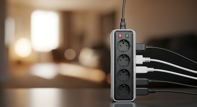 Modern power strip with multiple outlets and cables plugged in, providing convenient power distribution for various electronic devices in home or office settings efficiently and safely.