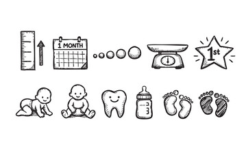 This black and white hand-drawn doodle icon set charmingly illustrates baby growth, development, and first milestones, ideal for pediatric and parenting content.