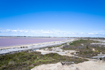 Expansive view of a pink salt marsh bordered by white mineral deposits and green scrubland, with a distant village under a bright blue sky. The scene is open and airy, highlighting contrasting