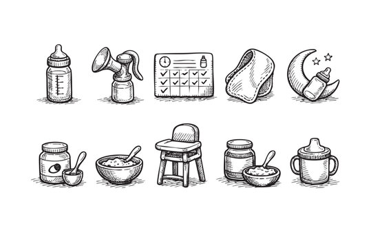 This collection of hand-drawn black and white vector icons illustrates various baby care essentials, perfect for parenting blogs, product packaging, or digital interfaces.