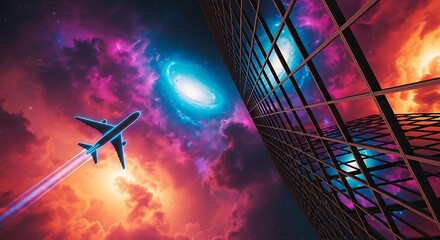 A jet flies towards a vibrant cosmic cityscape.