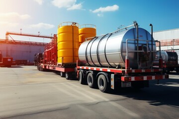 Obraz premium Tanker trucks carrying chemicals and fuel in an industrial port area under blue sky