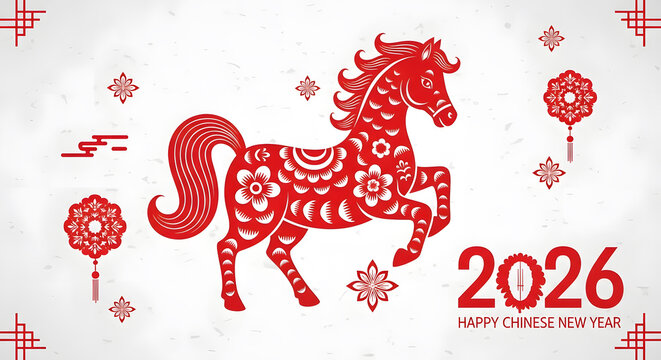 Traditional Chinese New Year 2026 banner with red paper cut style horse and floral patterns