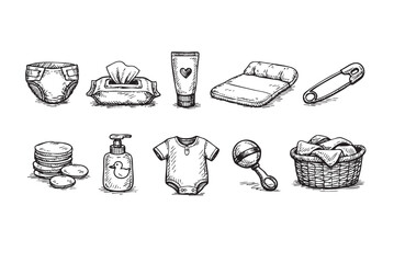 A charming collection of hand-drawn baby care items, including diapers, wipes, lotion, and toys, presented in a vintage sketch style, perfect for nursery designs or parenting blogs.