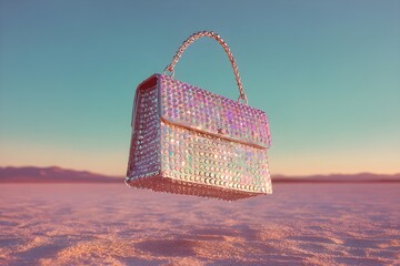 Chrome beaded handbag, floating on sand under a gradient sky surreal product photography, close up. Expired film color tone and warm glow