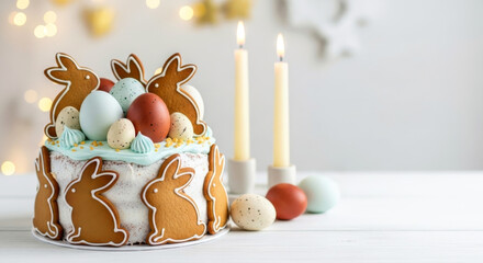 Easter cake decorated with bunny gingerbread cookies, eggs, and candles. Holiday food concept.