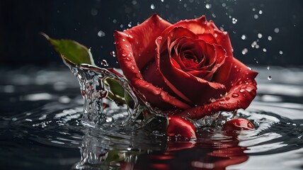 Beautiful Red Rose Splashing in Water, Elegant Floral Photography, Romantic Flower Art, Fresh Bloom, Luxury Nature Illustration, High-Detail Visual