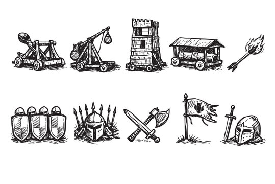 A comprehensive collection of hand-drawn black and white medieval siege weapons and armor, including catapults, a siege tower, ram, shields, helmets, and weaponry, presented as versatile vintage icons