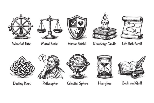 This detailed collection features hand-drawn vintage medieval and fantasy icons in an engraving style, including scales, maps, monks, and hourglasses, perfect for historical-themed designs.