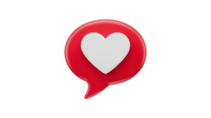 Red speech bubble with a white heart symbol isolated on a transparent background