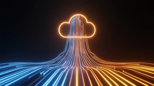 Futuristic digital cloud upload concept with glowing neon data streams flowing upwards on a dark background