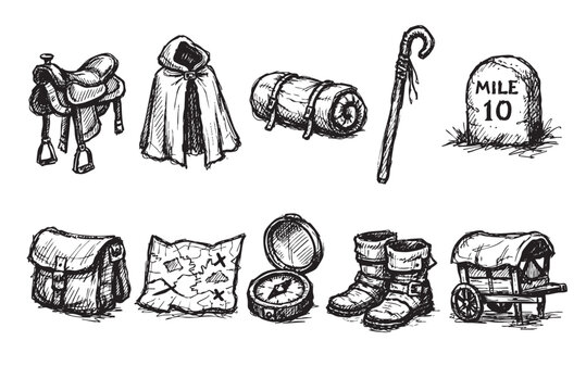 A rustic collection of hand-drawn adventure and journey essentials, including a saddle, cloak, map, compass, boots, and walking stick, perfect for fantasy RPGs, travel blogs, or outdoor-themed designs