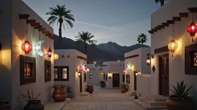 Traditional Arab Muslim homes during the holy month of Ramadan (decorated with Ramadan crescents and lanterns)