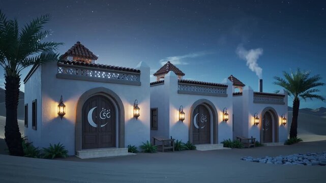 Suhoor time - Traditional Arab Muslim homes during the holy month of Ramadan (decorated with Ramadan crescents and lanterns)