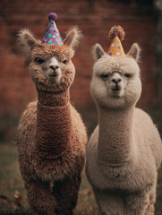 Obraz premium Two adorable alpacas wearing colorful party hats on their heads outdoors in a grassy field