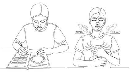 High-Quality Continuous Line Colorful Icons of Daily Mood Tracker, Calming Breathing Exercise with Visual Guides