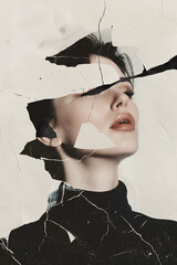 faceless female portrait collage, woman without eyes, identity concept, torn magazine cut-out, rough paper texture, modern femininity art, minimalist editorial poster, emotional but calm mood, contemp