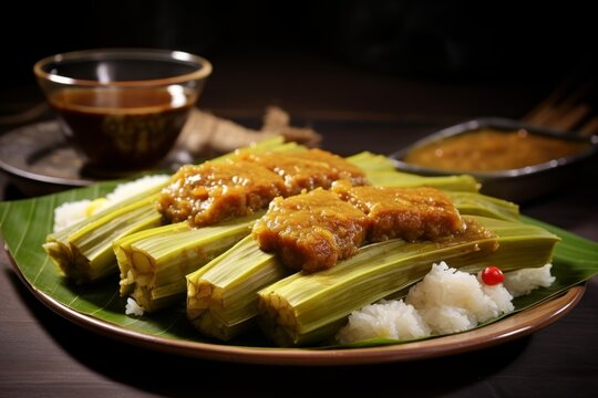 Lemang, a traditional sticky rice dish, served on a banana leaf with savory rendang sauce