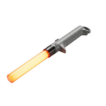Bright orange traffic safety wand with black handle used for signaling and road control