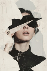 faceless female portrait collage, woman without eyes, identity concept, torn magazine cut-out, rough paper texture, modern femininity art, minimalist editorial poster, emotional but calm mood, contemp